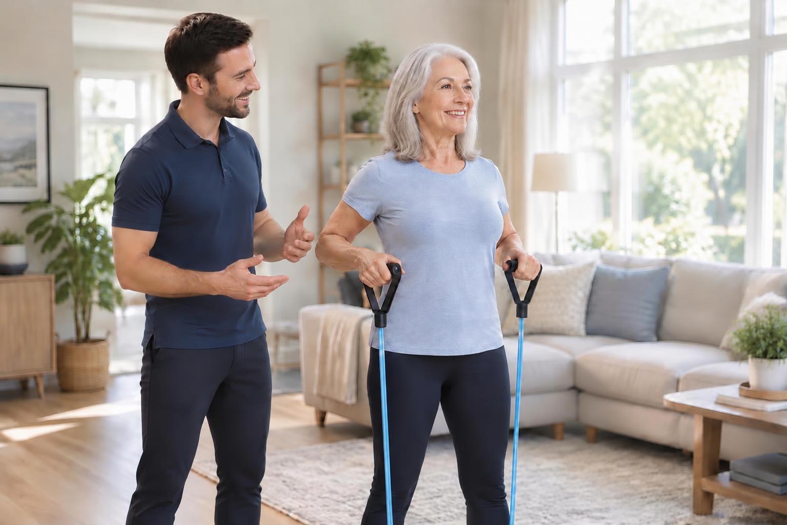 A Kinesiologist coaching a woman through a standing resistance band row in a bright living room