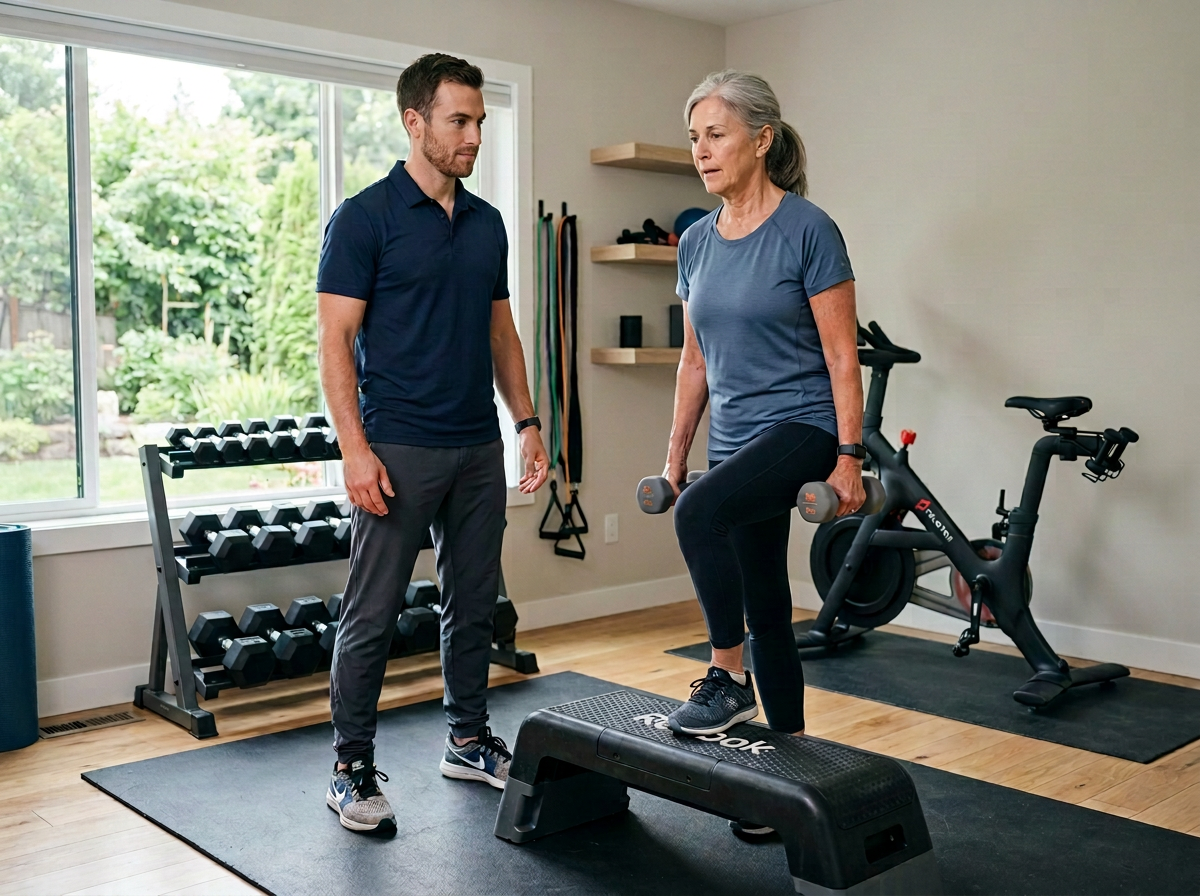 A Practicing Kinesiologist coaching a woman in her sixties through a loaded step-up