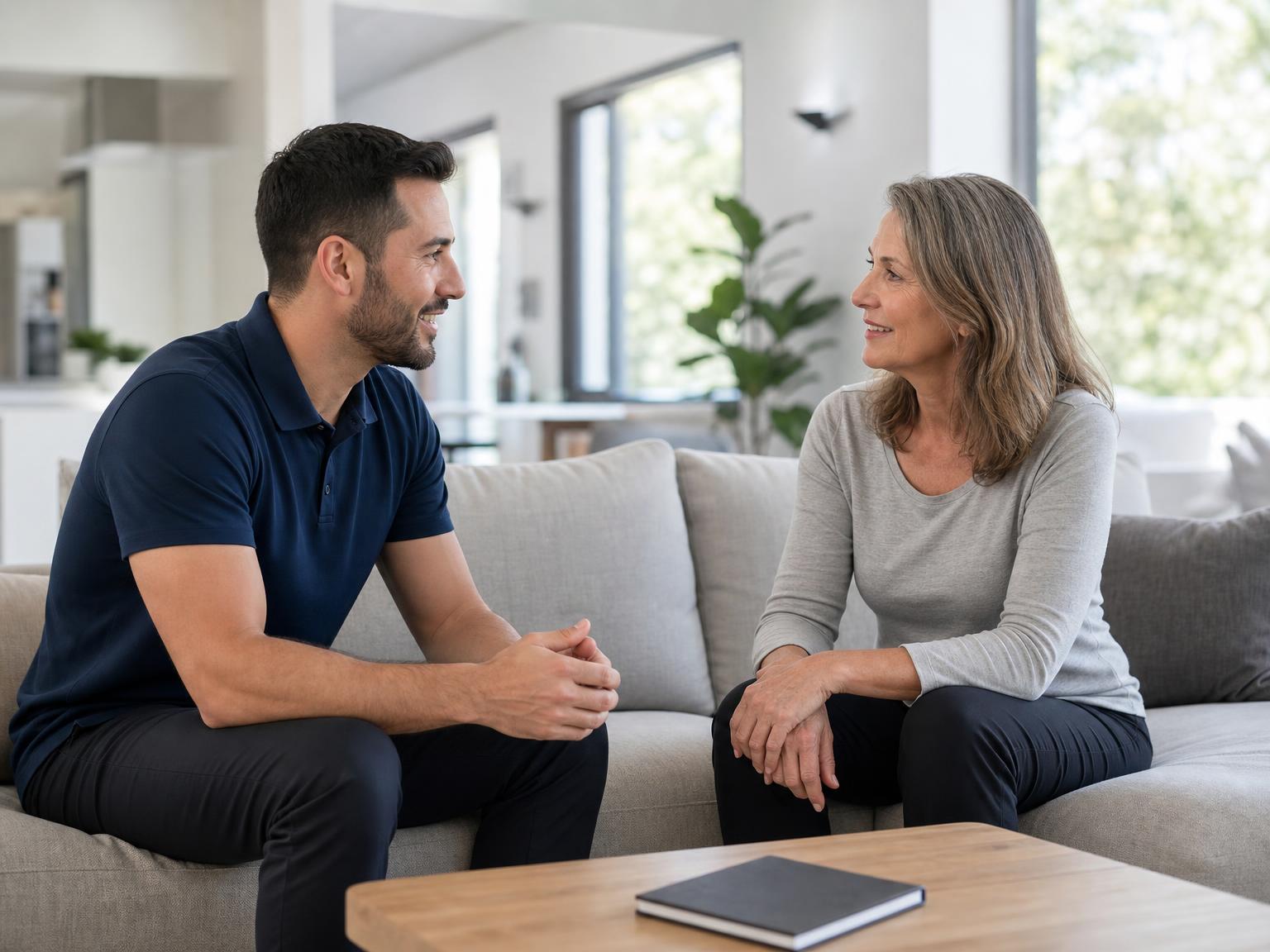 A client speaking with a kinesiologist in a bright consultation room
